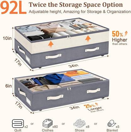 Dolicer 4 Pack Under Bed Storage with Wheels, 6in-10in Height Adjustable Underbed Storage Containers, 92L XXXL Under Bed Drawers Rolling Bin with Clear Lids for Dorm Shoes Clothes Organizer(Dark Grey)