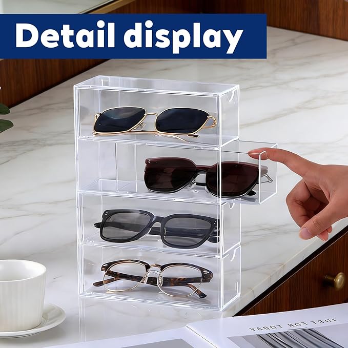 2PCS Sunglass Organizer for Multiple Pairs Clear Acrylic Organizer, 9.65 * 6.89 * 2.56 Inch Plastic Stackable Eyeglass Case Storage Organizers with 4 Drawers for Glasses Jewelry Watch Storage