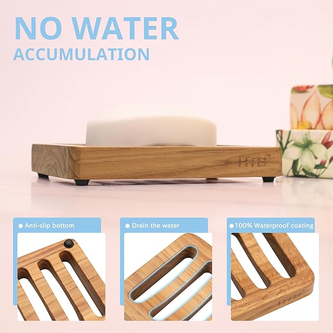 Slotted Soap Dish 2 Pack Teak Wood by HTB, Kitchen Wooden Sponge Holder, Self Draining Soap Dish for Shower, Sink, Bathroom, Bathtub, RV