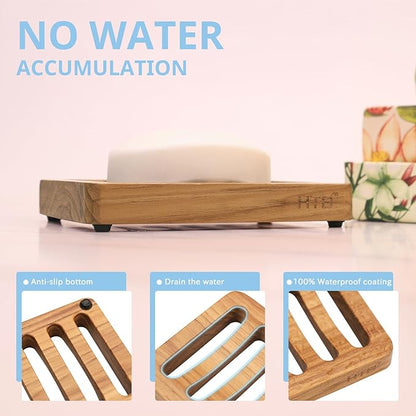 Slotted Soap Dish 2 Pack Teak Wood by HTB, Kitchen Wooden Sponge Holder, Self Draining Soap Dish for Shower, Sink, Bathroom, Bathtub, RV