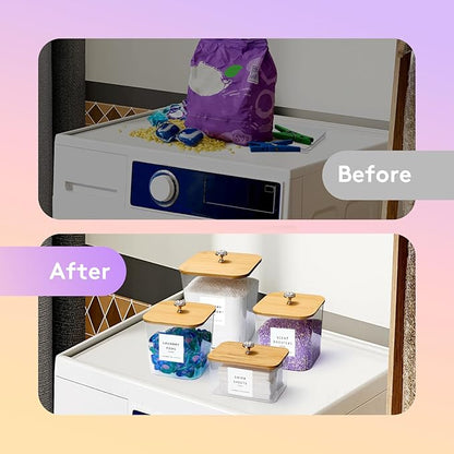 POLRAI 4 Pack Laundry Pod Containers and Dryer Sheet Holder, Laundry Room Organization Storage Containers with Lids and Labels for Detergent Pods Dry Sheet Organizing