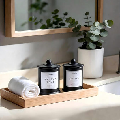 Ronasip Qtip Holder & Cotton Pad Dispenser, Bathroom Organizer and Storage Canisters, 16oz Glass Apothecary Jars for Kitchen, Restroom - Home Decor Accessories, Room Decor Aesthetic (2 Pack, Black)
