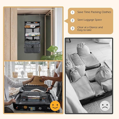 Surblue Hanging Closet Storage Bag Collapsible 3-Shelf Washable Oxford Fabric with 2 Hooks (L 11.41 * 11.41 * 19.68in, Grey)