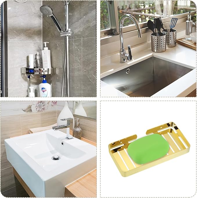 uxcell Soap Dish Holder, 304 Stainless Steel Soap Bar, Wall Mounted Soap Tray with Installation Kits, Soap Saver for Shower Wall Kitchen Counter (Gold)