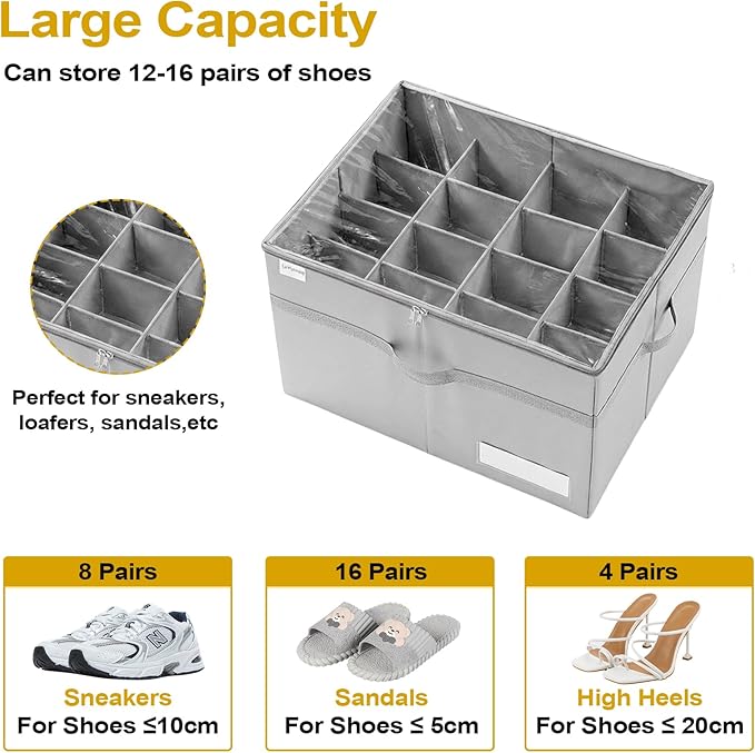 Shoe Organizer for Closet, Large Storage Box with 16 Compartments, Clear Vinyl Cover, Foldable, Heavy Duty, 21x16.5x13 Inches, Gray