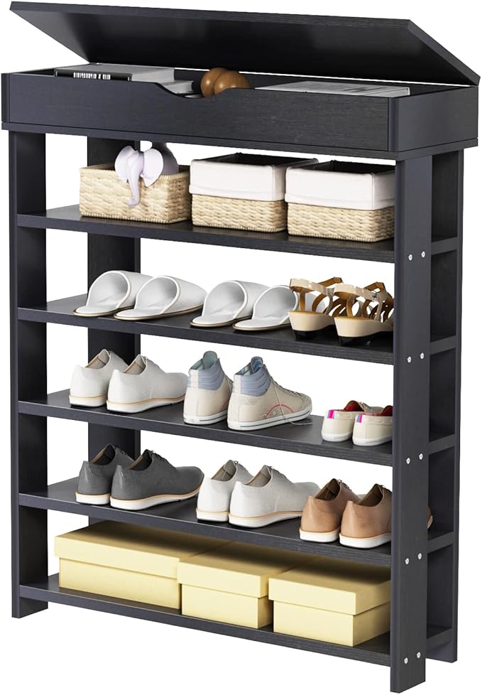 sogesfurniture 5-tier Wooden Shoes Rack Organizer with Storage Compartment, Free Standing Shoe Storage Shelf for Entryway, Living Room, Hallway, Doorway (29.5" Black)