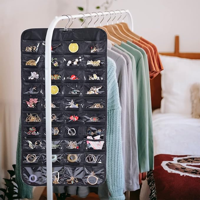 Bloss Hanging Jewelry Organizer for Closet, 80 Pockets Earring Holder Organizer and storage, Earring Organizer Hanging Jewelry Holder Storage for Women Gift, Wall Earring Holder for Girls, Black