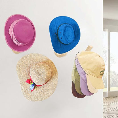 Daily Treasures 4 Pack Hats Storage Wall Mounted,Wooden Hat Rack Hook,Double Hook Design Wall Mounted for Coat,Adhesive/Wall Caps Holder Drilled for Door, Bedroom, Closet（Beech Wood）
