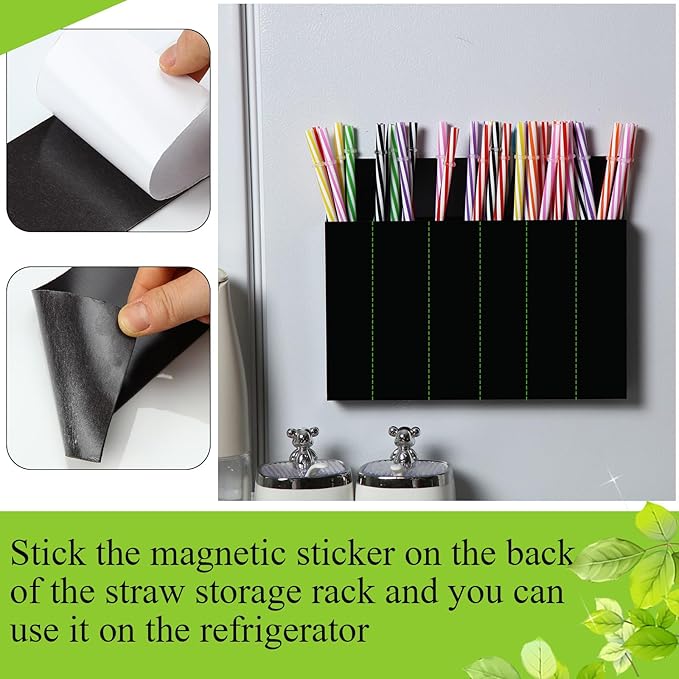 Honeydak Magnetic Acrylic Straw Holder for Cabinet Door with Adhesive Tapes and 5 Removable Partitions, Reusable Straw Organizer Storage Space-saving for Cabinet Door Fridge Kitchen(Black,9.8 Inch)