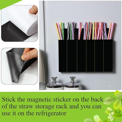 Honeydak Magnetic Acrylic Straw Holder for Cabinet Door with Adhesive Tapes and 5 Removable Partitions, Reusable Straw Organizer Storage Space-saving for Cabinet Door Fridge Kitchen(Black,9.8 Inch)