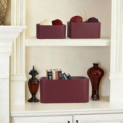HofferRuffer Faux Leather Storage Baskets Bins with Velvet Lining for Organizing, Storage, Gifts, Set of 3 Nesting Shelf Baskets Decorative Storage Boxes for Home Organization (Dark Red)