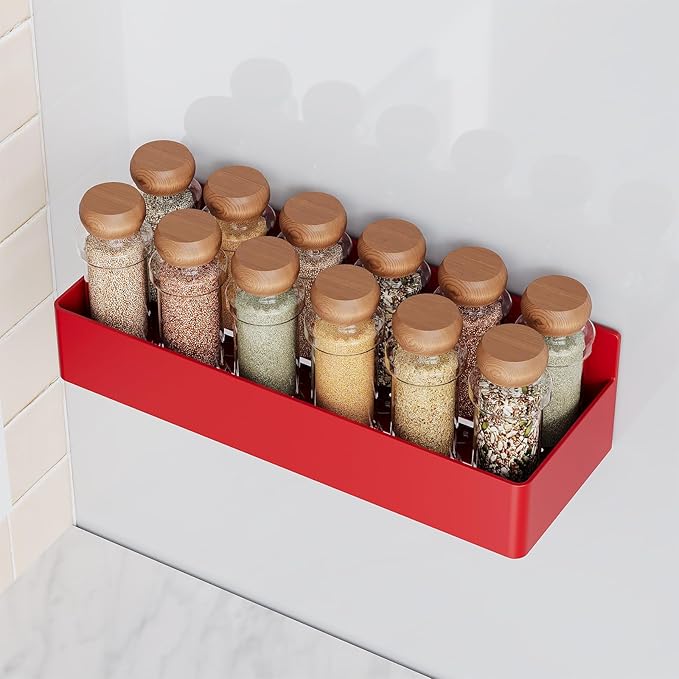 Mystozer Magnetic Spice Rack for Refrigerator, Kitchen Organizer and Storage Shelf, Red (4 Pack)…