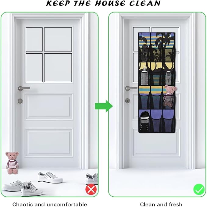 Palm Tree Over The Door Organizer 4 Shelf Hanging Storage Organizer with 12 Clear Mesh Shoe Organizer Door Hanger Closet Hanging Rack for Shoes for for Apartments Dorms