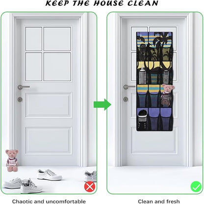 Palm Tree Over The Door Organizer 4 Shelf Hanging Storage Organizer with 12 Clear Mesh Shoe Organizer Door Hanger Closet Hanging Rack for Shoes for for Apartments Dorms