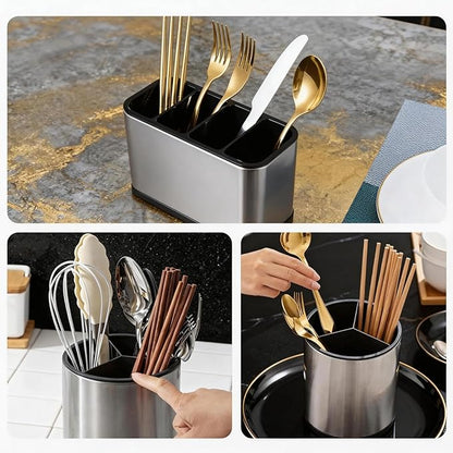 2 Pack Rotating Utensil Holder, 360° Spinning Stainless Steel Kitchen Utensil Holder, Countertop Cutlery Organizer Caddy with Removable Base for Forks, Knives, Spoons, Silver