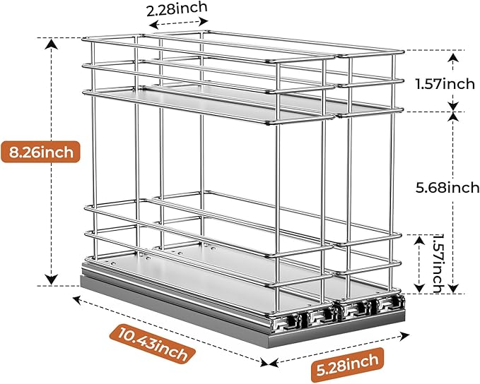 Mystozer Pull Out Spice Rack Organizer for Cabinet, Slide Out Spice Racks, Easy to Install Spice Cabinet Organizers, 5.28" Wx10.43 Dx8.26 H, 2 Drawers 2 Tiers(Silver)