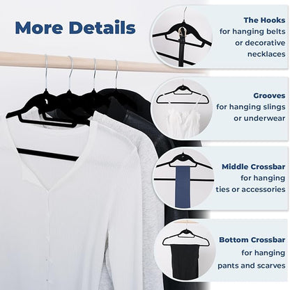 Black Velvet Hangers 50 Pack, Felt Covered Non Slip Fabric with Stackable Cascading Hook, Ultra Thin and Space Saving with 360° Swivel Neck, 15Lbs Capacity for Clothes, Suit, Shirt, Coat