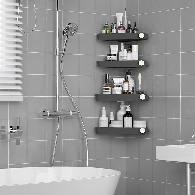 Sotfamily Plastic Shower Caddy Corner (for 90° Only), 4 Pack Adhesive Corner Shower Shelves for Smooth Wall Bathroom Organizers and Storage, Black