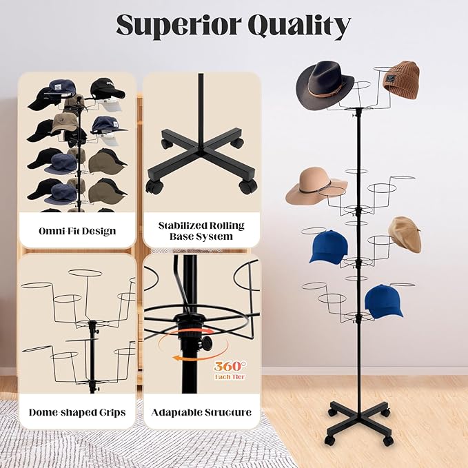 7-Tier Rotating Hat Display Rack Stand – Freestanding Metal Hat Organizer with 35 Cap Holders, Adjustable Height & Rolling Base, Space-Saving Standing Hat Rack for Baseball Caps, Cowboy Hats, Stores