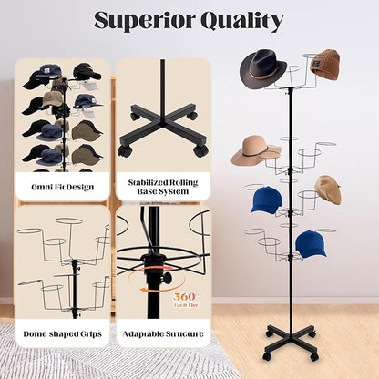 7-Tier Rotating Hat Display Rack Stand – Freestanding Metal Hat Organizer with 35 Cap Holders, Adjustable Height & Rolling Base, Space-Saving Standing Hat Rack for Baseball Caps, Cowboy Hats, Stores