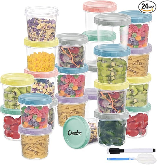 Yomarket 24pcs 16 oz Plastic Deli Containers with Screw Lids, Small Freezer Container Reusable 2 Cup Food Storage Container with Pen & Brush for Snack Salad Fruit, Microwave & Dishwasher Safe BPA Free