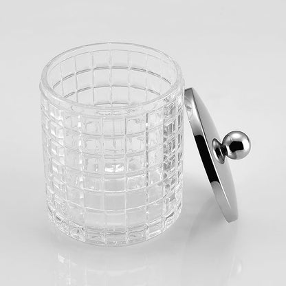Glass Cotton Jar Holder Silver Lid, Elegant Bathroom Storage Canister for Qtips, Cotton Balls, Floss, Makeup Organizer, Vanity Bathroom Organization