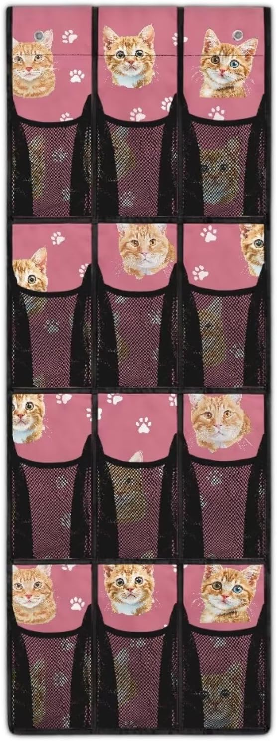 12-Compartment Behind The Door Hanging Organizer, Oxford Cloth Waterproof Large Capacity and Ideal for Storing Household Items, Orange Cats