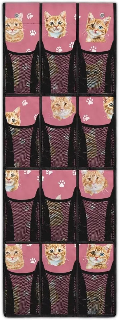 12-Compartment Behind The Door Hanging Organizer, Oxford Cloth Waterproof Large Capacity and Ideal for Storing Household Items, Orange Cats