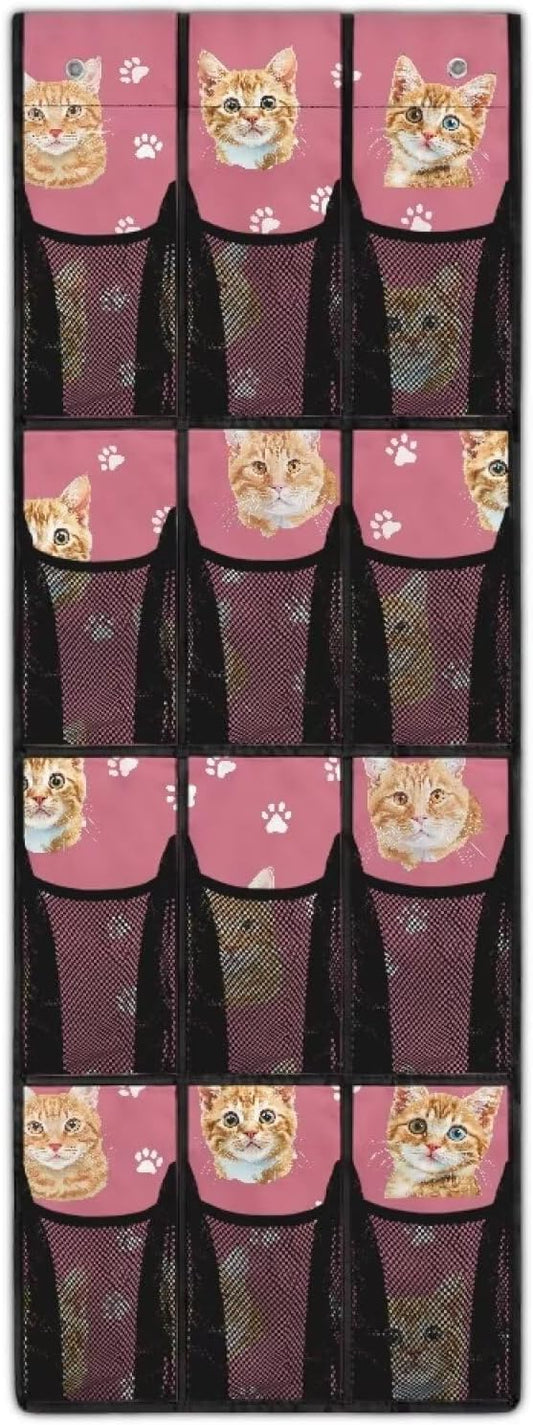 12-Compartment Behind The Door Hanging Organizer, Oxford Cloth Waterproof Large Capacity and Ideal for Storing Household Items, Orange Cats