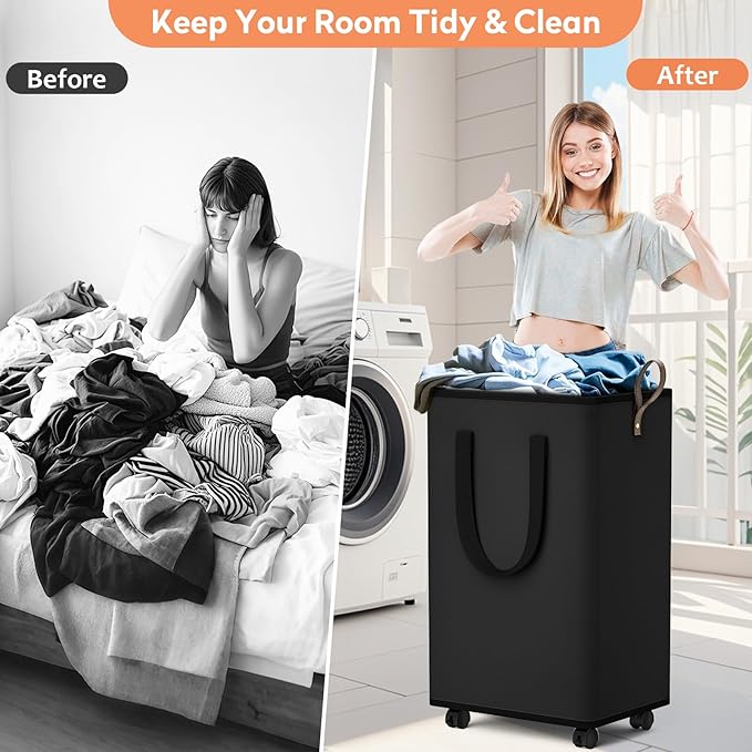 SpaceTrove Laundry Basket with Wheels, Collapsible Laundry Baskets, Laundry Hamper with Handles Detachable Wheels, Rolling Laundry Basket, Dirty Clothes Hamper for Bathroom, Dorm, Bedroom, Black, 100L