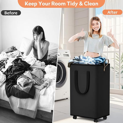 SpaceTrove Laundry Basket with Wheels, Collapsible Laundry Baskets, Laundry Hamper with Handles Detachable Wheels, Rolling Laundry Basket, Dirty Clothes Hamper for Bathroom, Dorm, Bedroom, Black, 100L