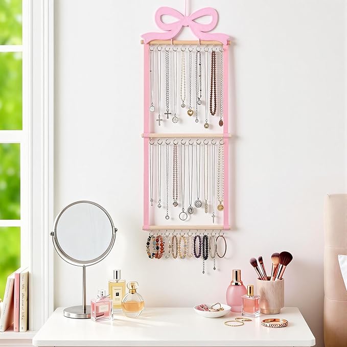 Sliner Pink Bow Hanging Jewelry Organizer Coquette Necklace Holder Wall Mounted with 30 Hooks Jewelry Hanger over Door Necklace Rack for Earrings Bracelets Headband Rings Women Bedroom Decor