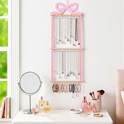 Sliner Pink Bow Hanging Jewelry Organizer Coquette Necklace Holder Wall Mounted with 30 Hooks Jewelry Hanger over Door Necklace Rack for Earrings Bracelets Headband Rings Women Bedroom Decor
