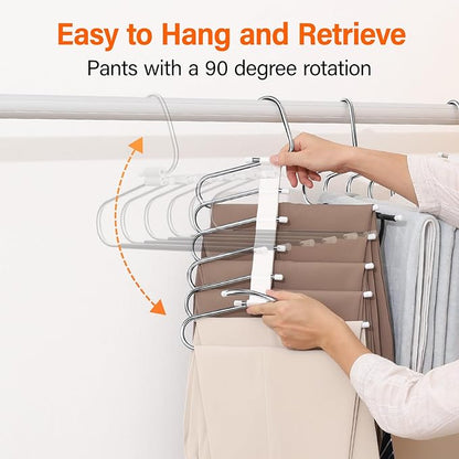 Upgraded Collapsible Pants Hangers Space Saving, 6 Layers Clothes Rack, Stainless Steel Multifunctional Closet Organizer, Non Slip Metal Hangers for Pants Jeans Skirts Trousers (4 Pack)