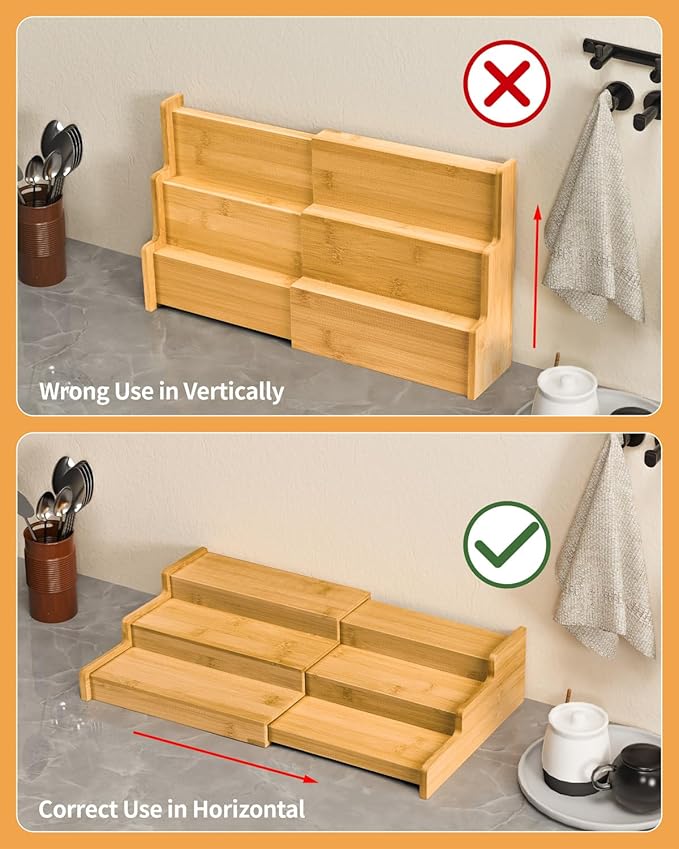 VenDotbi Spice Rack, 3-Tier Expandable Bamboo Spice Rack Organizer for Cabinet - Kitchen, Pantry and Cupboard Storage Organizer