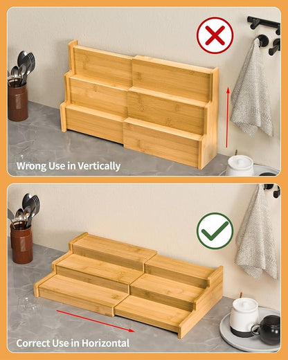 VenDotbi Spice Rack, 3-Tier Expandable Bamboo Spice Rack Organizer for Cabinet - Kitchen, Pantry and Cupboard Storage Organizer