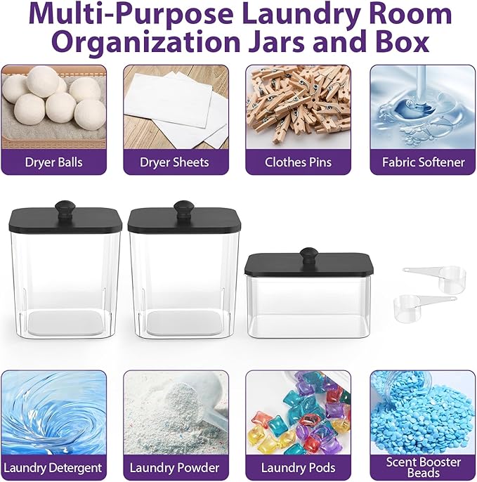 COAZEX 2+1 Pack Clear Laundry Pods Container & Dryer Sheet Holder, Plastic Square Laundry Room Organization and Storage Jars with Black Lids, Scoops & Labels for Detergent, Powder, Dryer Balls