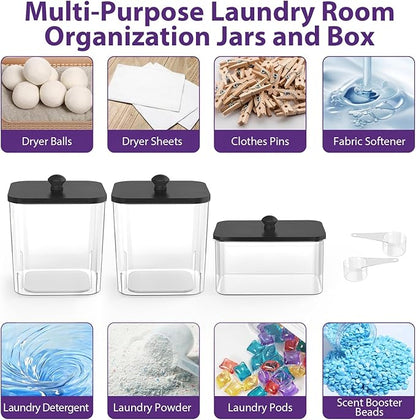 COAZEX 2+1 Pack Clear Laundry Pods Container & Dryer Sheet Holder, Plastic Square Laundry Room Organization and Storage Jars with Black Lids, Scoops & Labels for Detergent, Powder, Dryer Balls