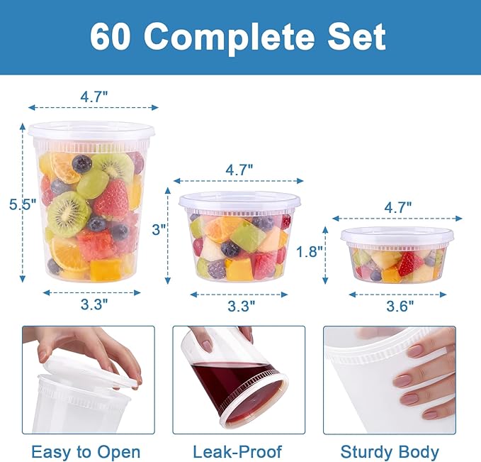 Lamosi 60 Sets Deli Containers with Lids, 8/16/32 oz Quart Containers BPA Free, Airtight Takeout Plastic Food Storage Container, Stackable Leakproof Microwave & Freezer Safe for Soup, Sauce & Leftover