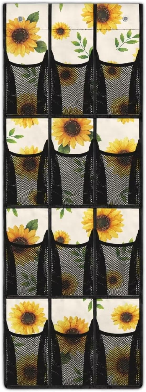 Sunflower Over the Door Organizer Bathroom Door Storage for Toiletries 4 Shelf 12 Mesh Pockets Shoe Rack for Closet Door Easy to Install Hanging Storage Bag for Apartments Dorms