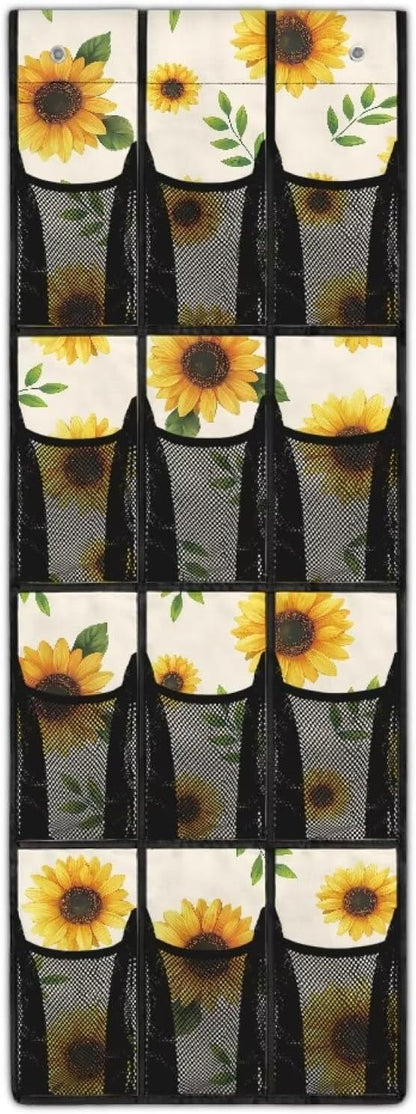 Sunflower Over the Door Organizer Bathroom Door Storage for Toiletries 4 Shelf 12 Mesh Pockets Shoe Rack for Closet Door Easy to Install Hanging Storage Bag for Apartments Dorms
