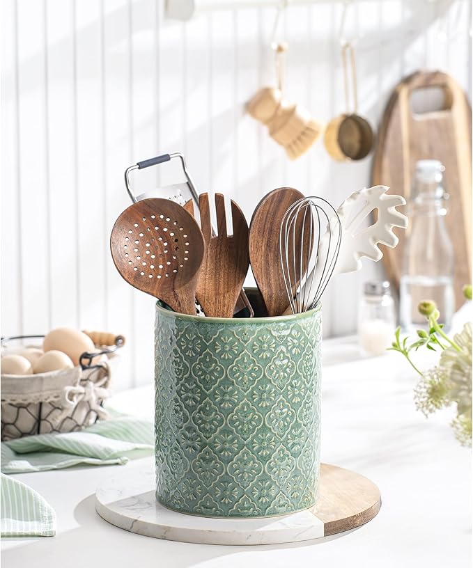 Kitchen Utensil Holder, 6x7 inch Large Ceramic Utensil Holder with Embossed Pattern, Cooking Utensil Crocks for Kitchen Countertop, Home Decor, Forest Green