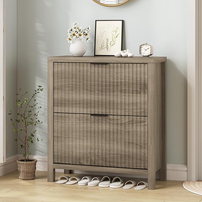 YOMILUVE Shoe Cabinet Storage for Entryway, Fluted Shoe Cabinet with 2 Flip Drawers, Hidden Shoe Rack Tall Freestanding Shoe Organizer with Legs for Hallway, Gray