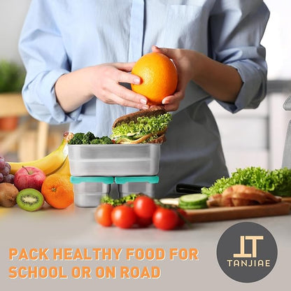 Tanjiae Small Stainless Steel Lunch Containers for Kids | Leak Proof Food Containers with Silicone Lids - Perfect Metal Food Containers with Lids for Kids School and Toddler Daycare (25oz+8oz*2)