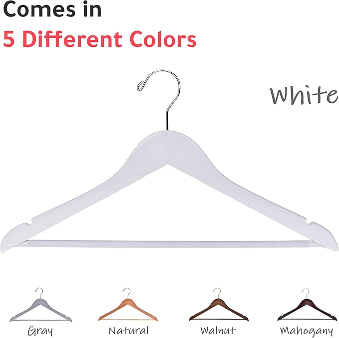 Quality Wooden Suit Hangers with Non Slip Pants Bar, 20 Pack, Smooth Finish Solid Wood Coat Hanger with Swivel Hook, Jacket, Pant, Dress Clothes Hangers (White, 20)