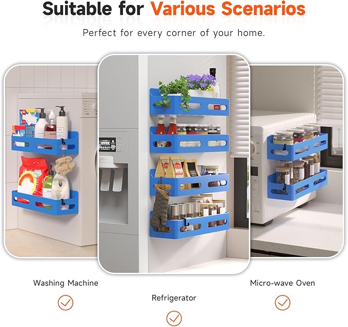 Sevenblue 4 Pack Strong Magnetic Spice Rack for Refrigerator, Multipurpose Magnetic Shelf for Fridge with 4 Hooks for kitchen and Bathroom Organization, Blue