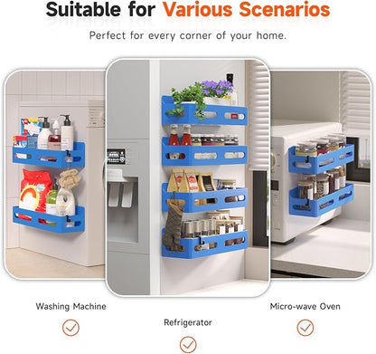 Sevenblue 4 Pack Strong Magnetic Spice Rack for Refrigerator, Multipurpose Magnetic Shelf for Fridge with 4 Hooks for kitchen and Bathroom Organization, Blue