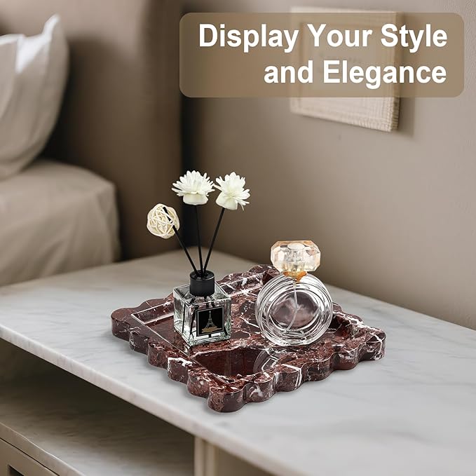 Natural Marble Vanity Tray - Moujings Genuine Marble Perfume Tray for Bathroom Decor, Stone Bathroom Vanity Organizer Tray for Kitchen Counter, Candles, Jewelry, Coffee, Makeup, Key