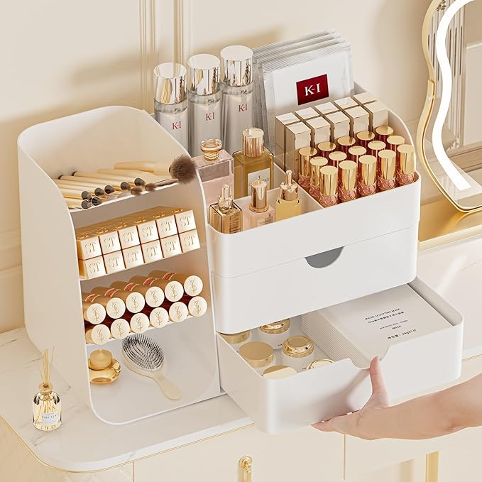 Makeup Organizer with Drawers, Large Capacity Countertop Organizer for Vanity, Bathroom and Bedroom Desk Cosmetics Organizer, Easy To Storage Skincare, Brushes, Eyeshadow, Lipstick (All White)