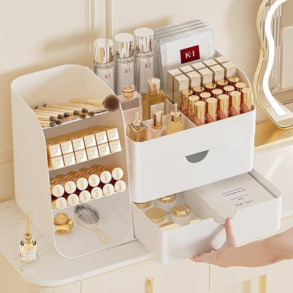 Makeup Organizer with Drawers, Large Capacity Countertop Organizer for Vanity, Bathroom and Bedroom Desk Cosmetics Organizer, Easy To Storage Skincare, Brushes, Eyeshadow, Lipstick (All White)